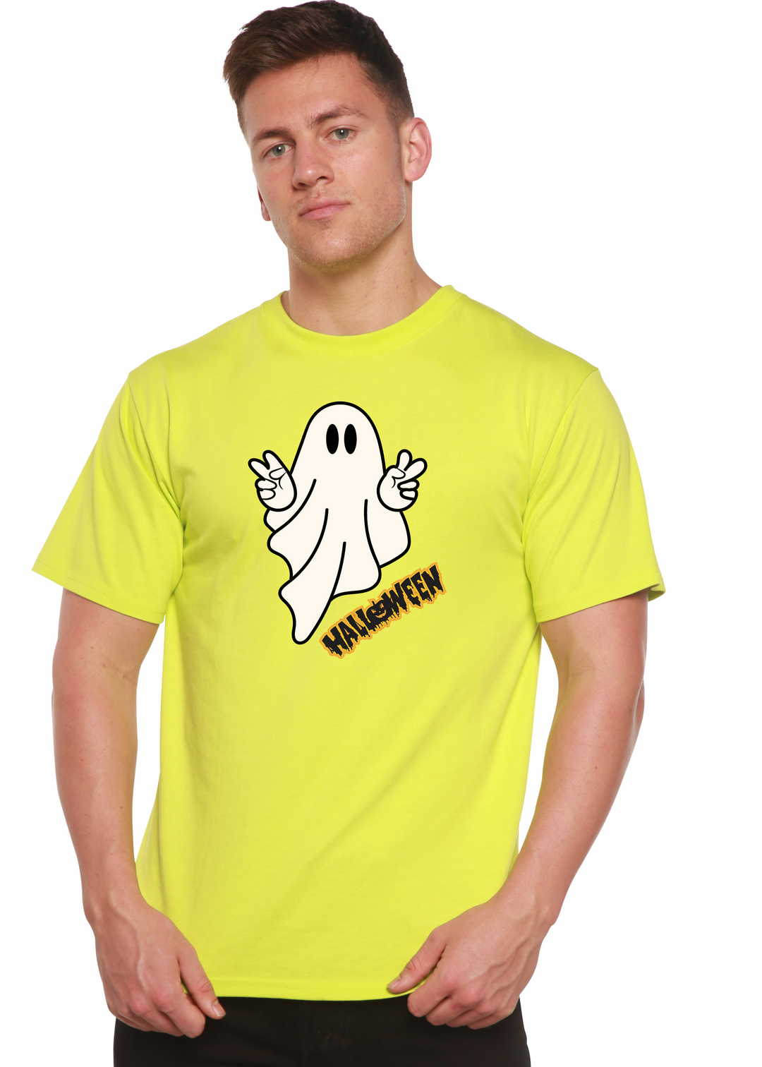 Halloween Ghost Unisex Graphic Bamboo T-Shirt lime punch