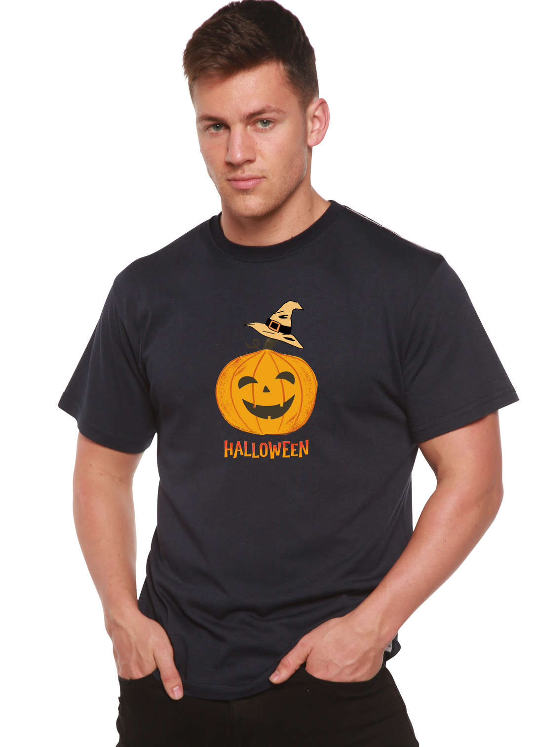Halloween Pumpkin Unisex Graphic Bamboo T-Shirt navy blue