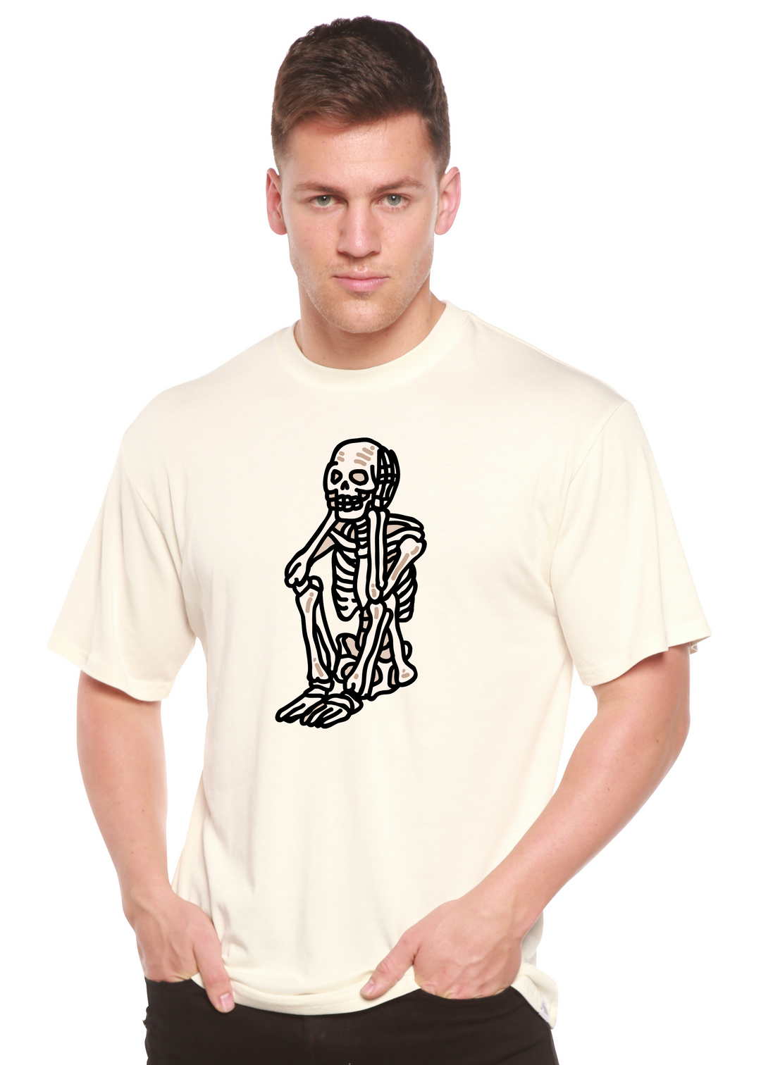 Sad Skeleton Halloween Unisex Graphic Bamboo T-Shirt white