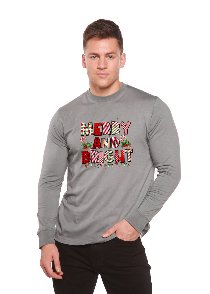 Merry And Bright Christmas Graphic Bamboo Long Sleeve T-Shirt slate grey