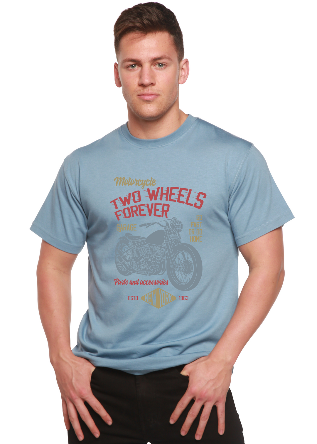 Two Wheels Forever men's bamboo tshirt infinity blue