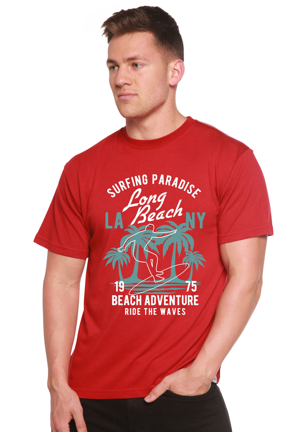 Beach Adventure  men's bamboo tshirt pompeian red