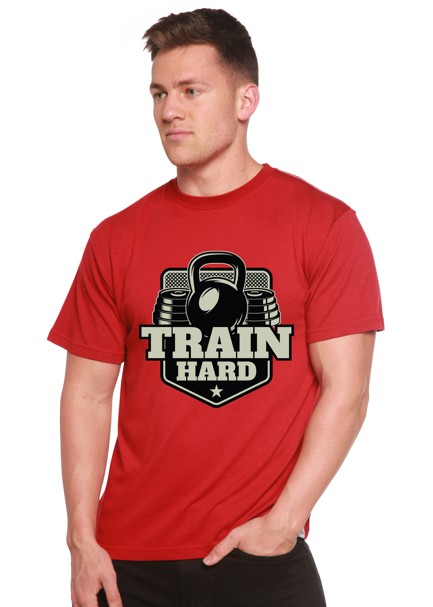 Train Hard men's bamboo tshirt pompeian red