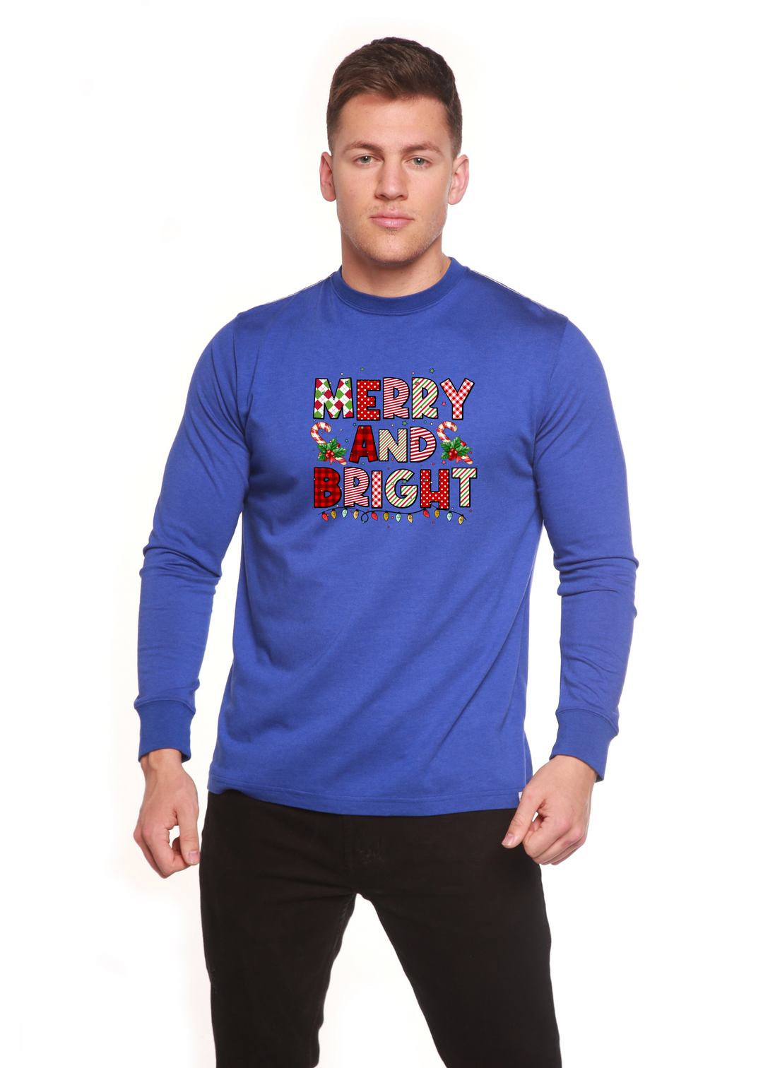 Merry And Bright Christmas Graphic Bamboo Long Sleeve T-Shirt royal blue