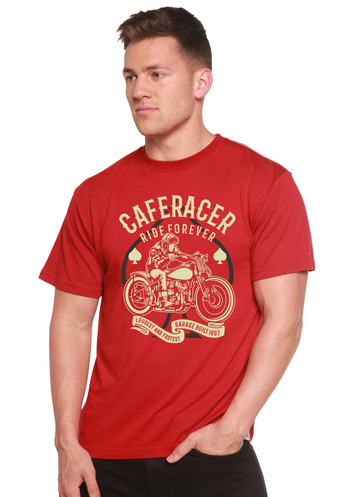 Caferacer Ride Forever men's bamboo tshirt pompeian red