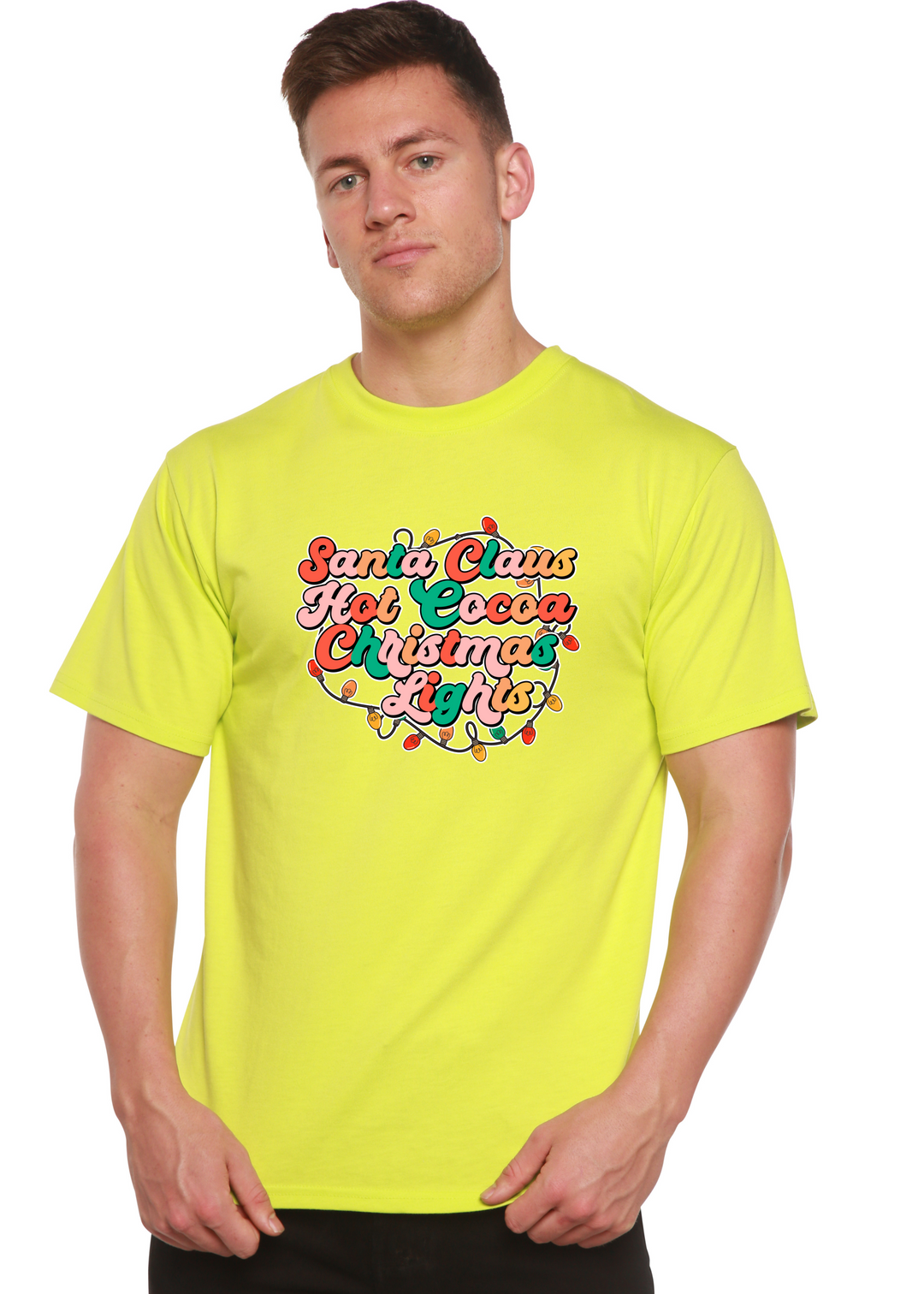 Santa Claus Christmas Lights Unisex Graphic Bamboo T-Shirt lime punch