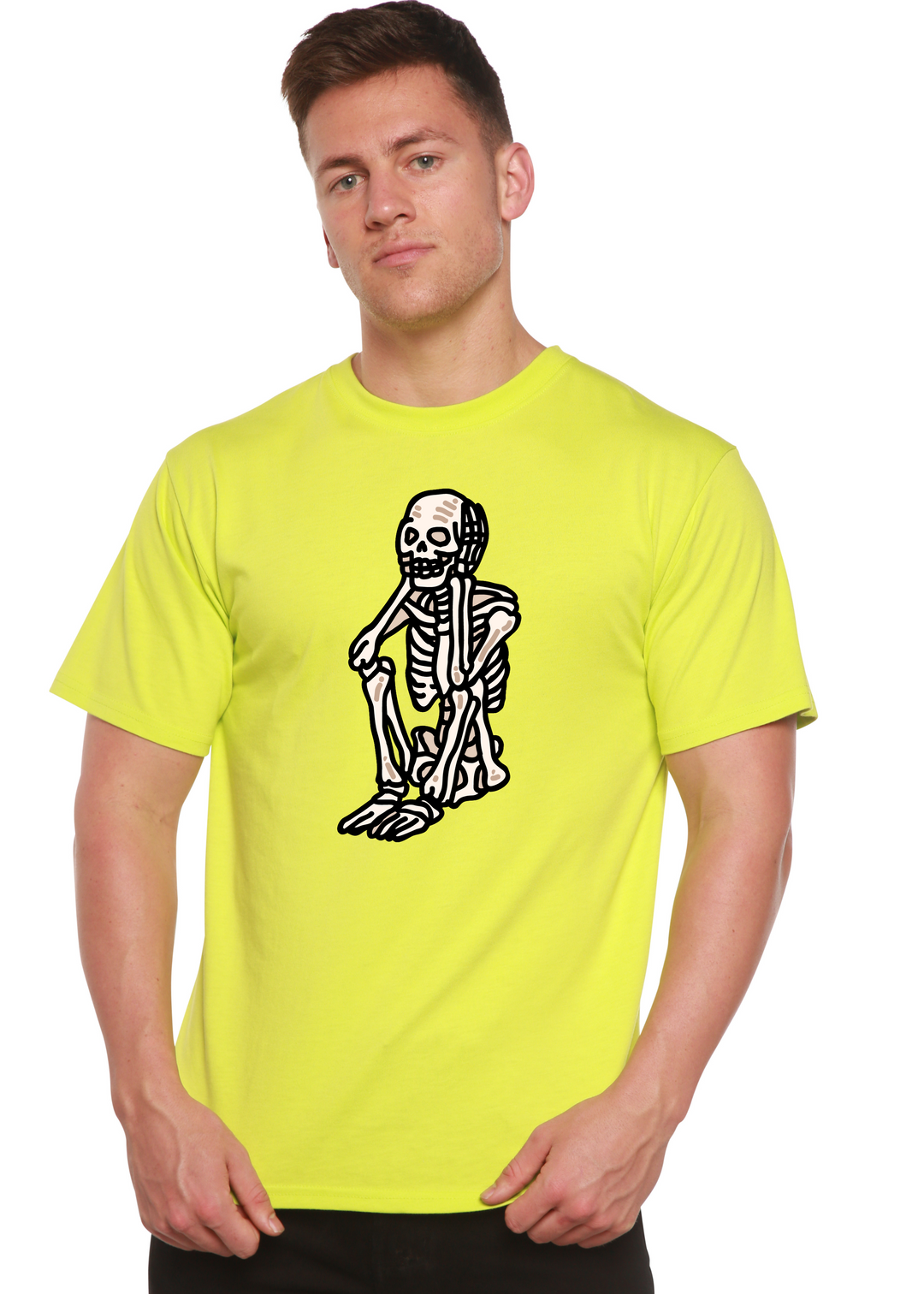 Sad Skeleton Halloween Unisex Graphic Bamboo T-Shirt lime punch