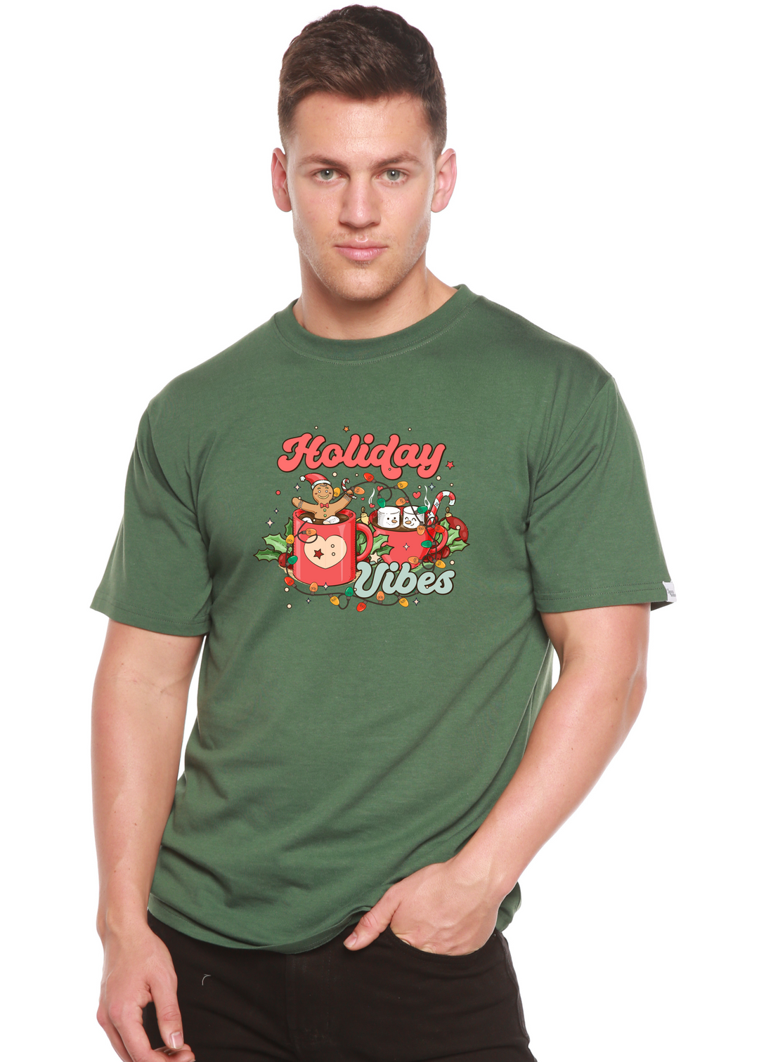 Holiday Vibes Christmas Unisex Graphic Bamboo T-Shirt pine green