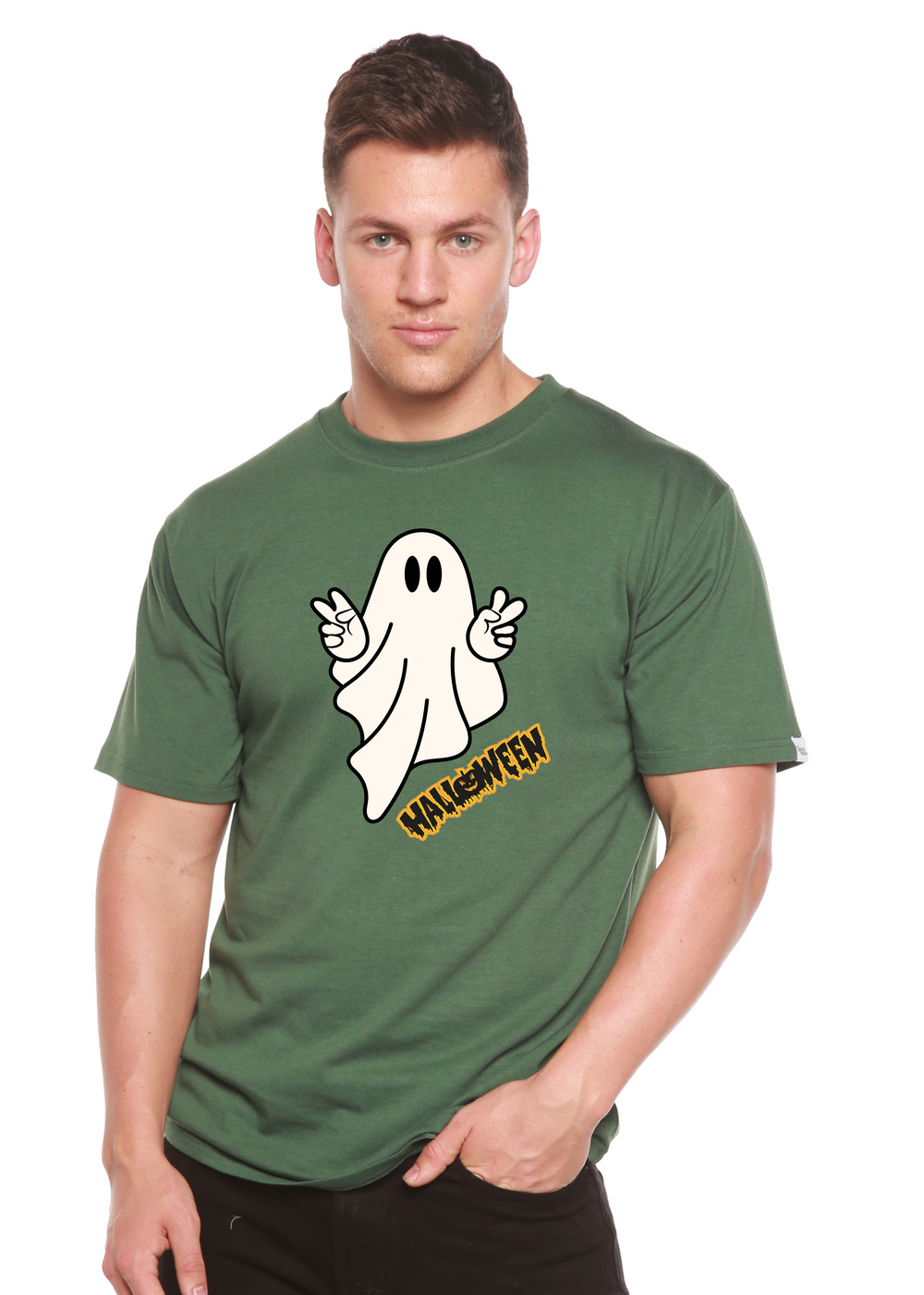 Halloween Ghost Unisex Graphic Bamboo T-Shirt pine green