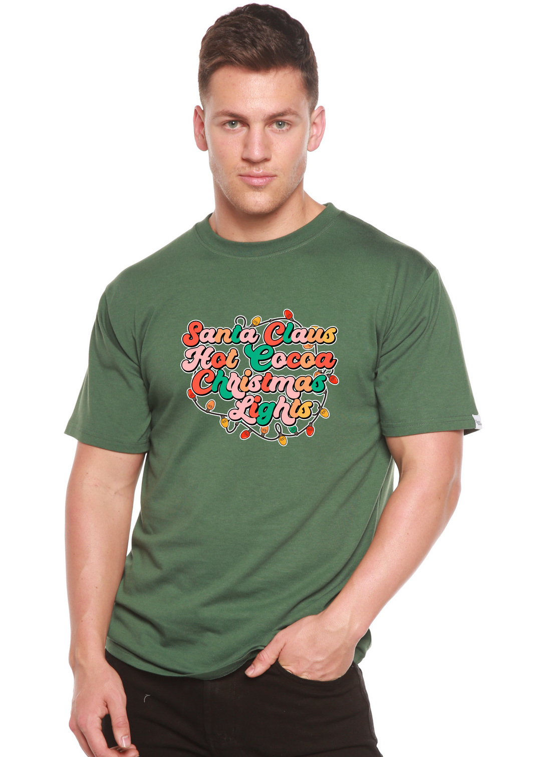 Santa Claus Christmas Lights Unisex Graphic Bamboo T-Shirt pine green