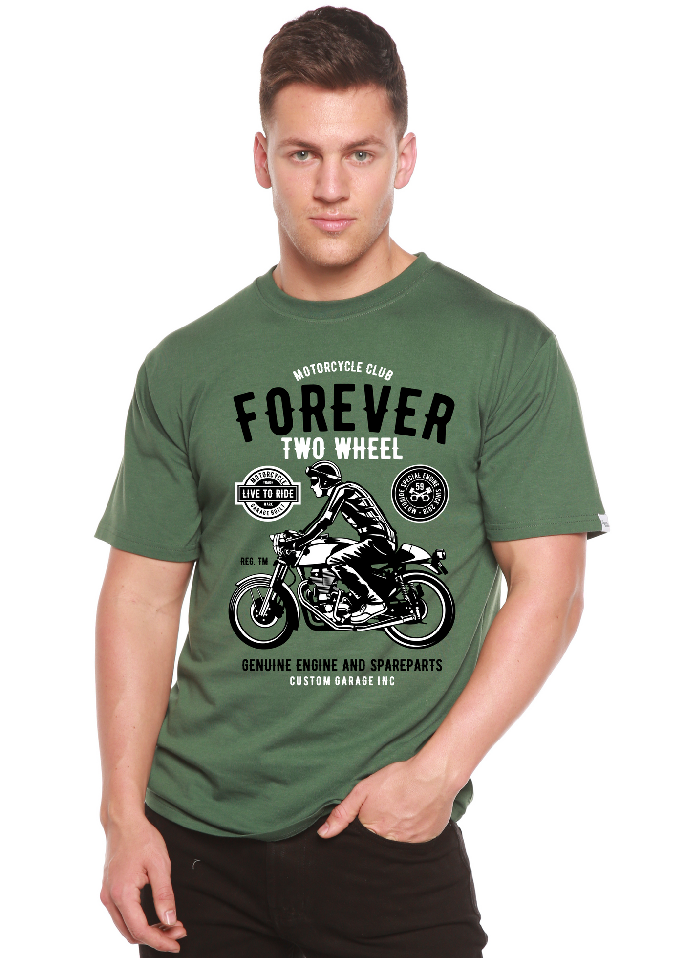 Forever Two Wheel men's bamboo tshirt pine green