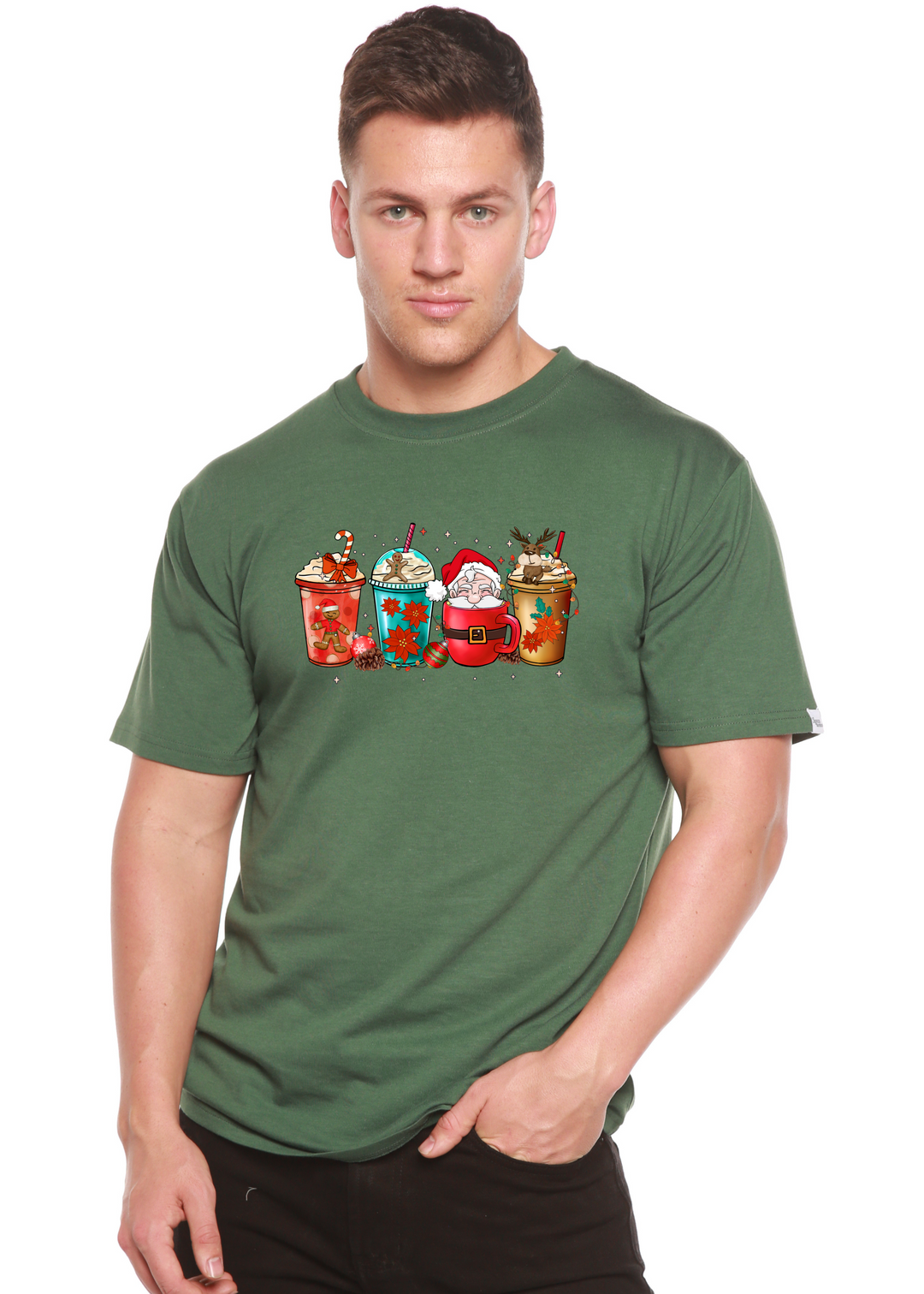 Merry & Bright Holiday Christmas Unisex Graphic Bamboo T-Shirt pine green