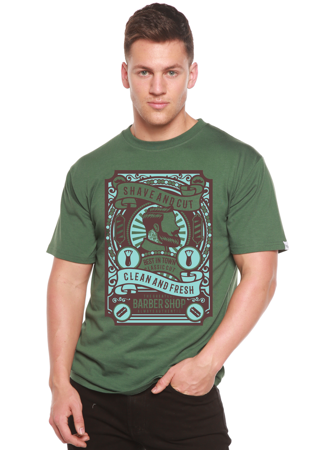 Shave and Cut men's bamboo tshirt pine green