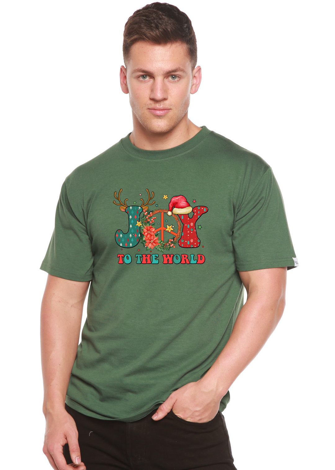 Joy To The World Christmas Unisex Graphic Bamboo T-Shirt pine green