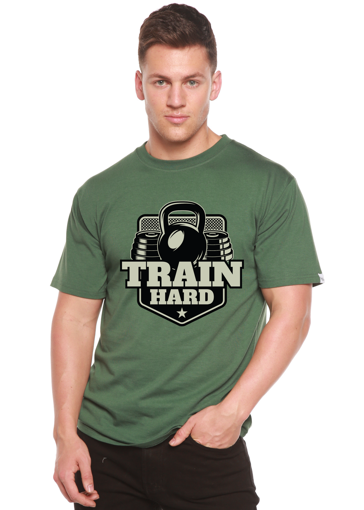 Train Hard men's bamboo tshirt pine green
