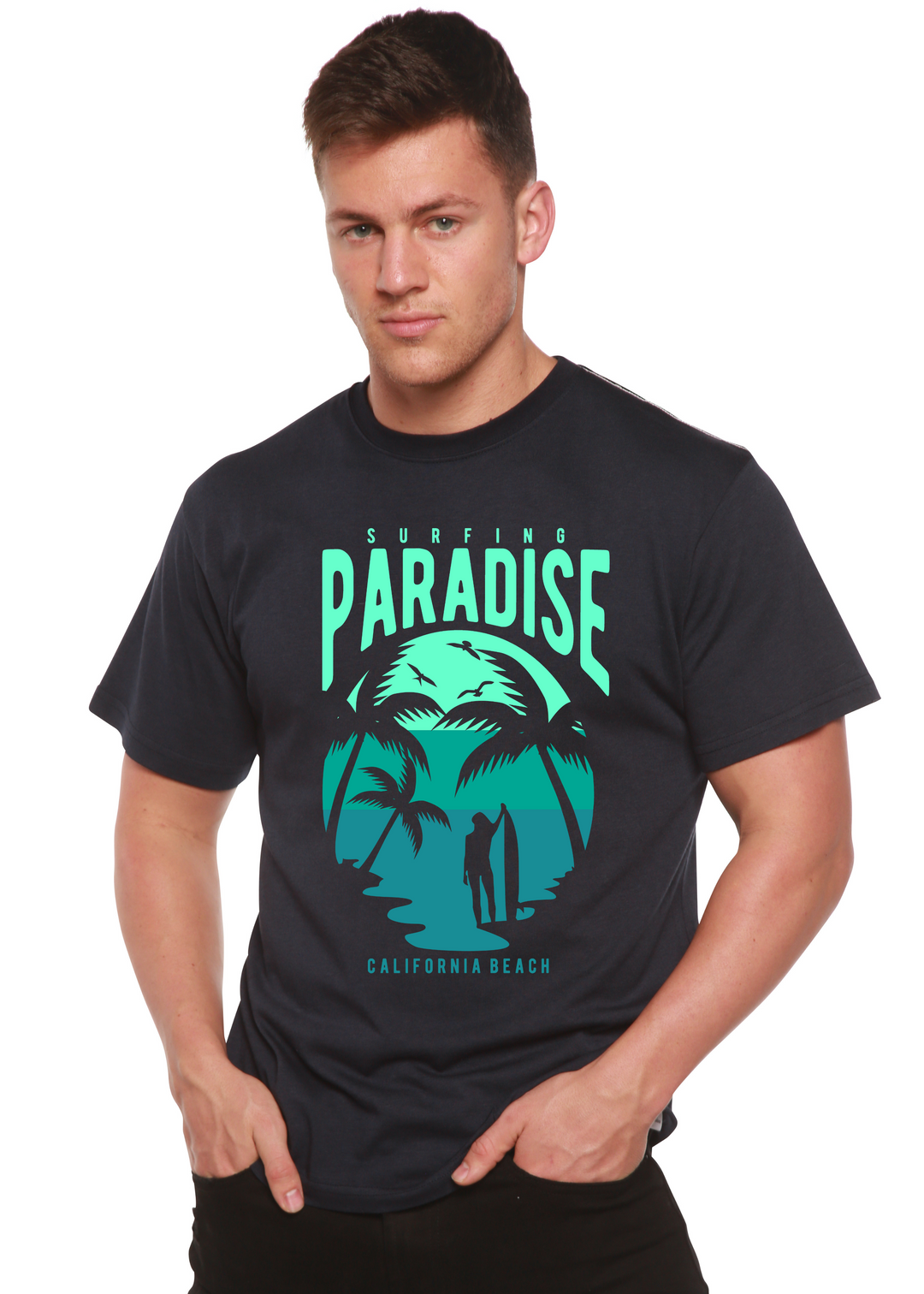 Surfing Paradise California men's bamboo tshirt navy blue