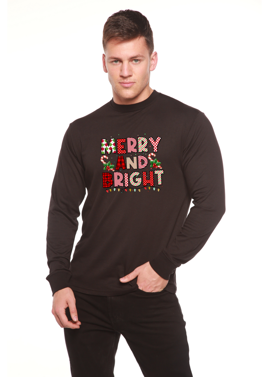 Merry And Bright Christmas Graphic Bamboo Long Sleeve T-Shirt black