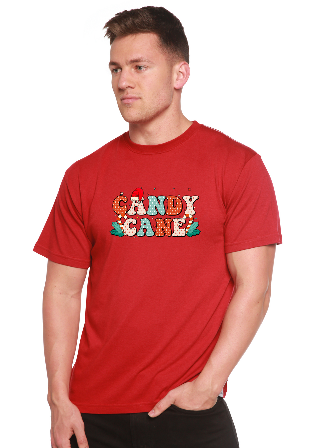 Candy Cane Christmas Unisex Graphic Bamboo T-Shirt pompeian red
