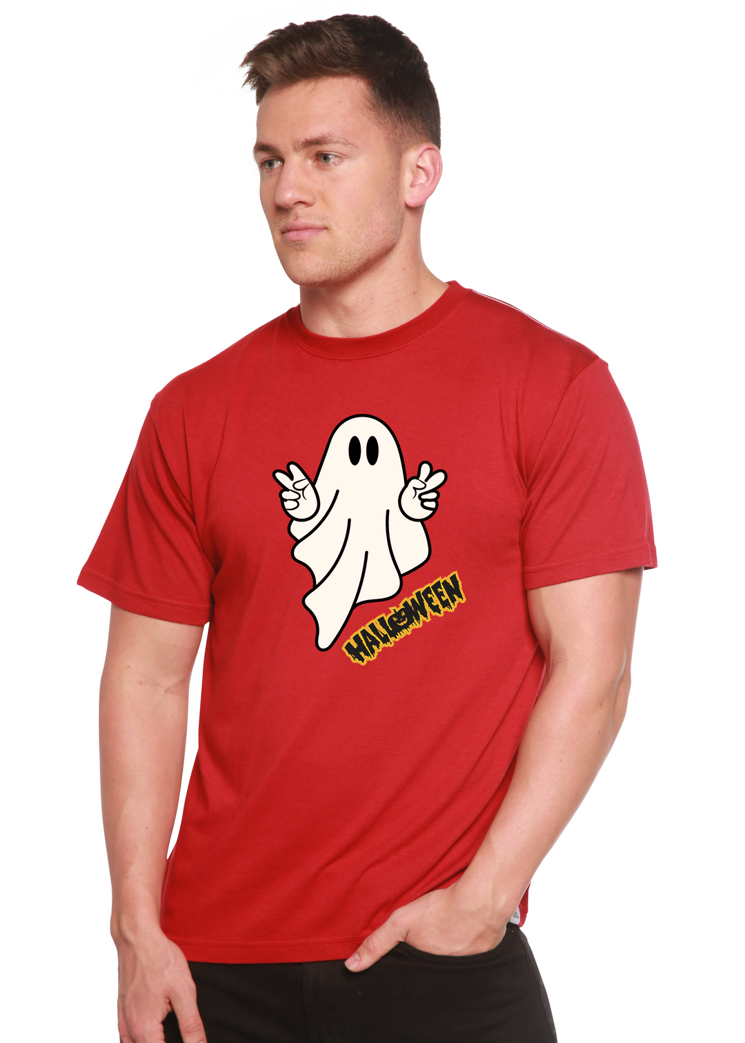 Halloween Ghost Unisex Graphic Bamboo T-Shirt pompeian red