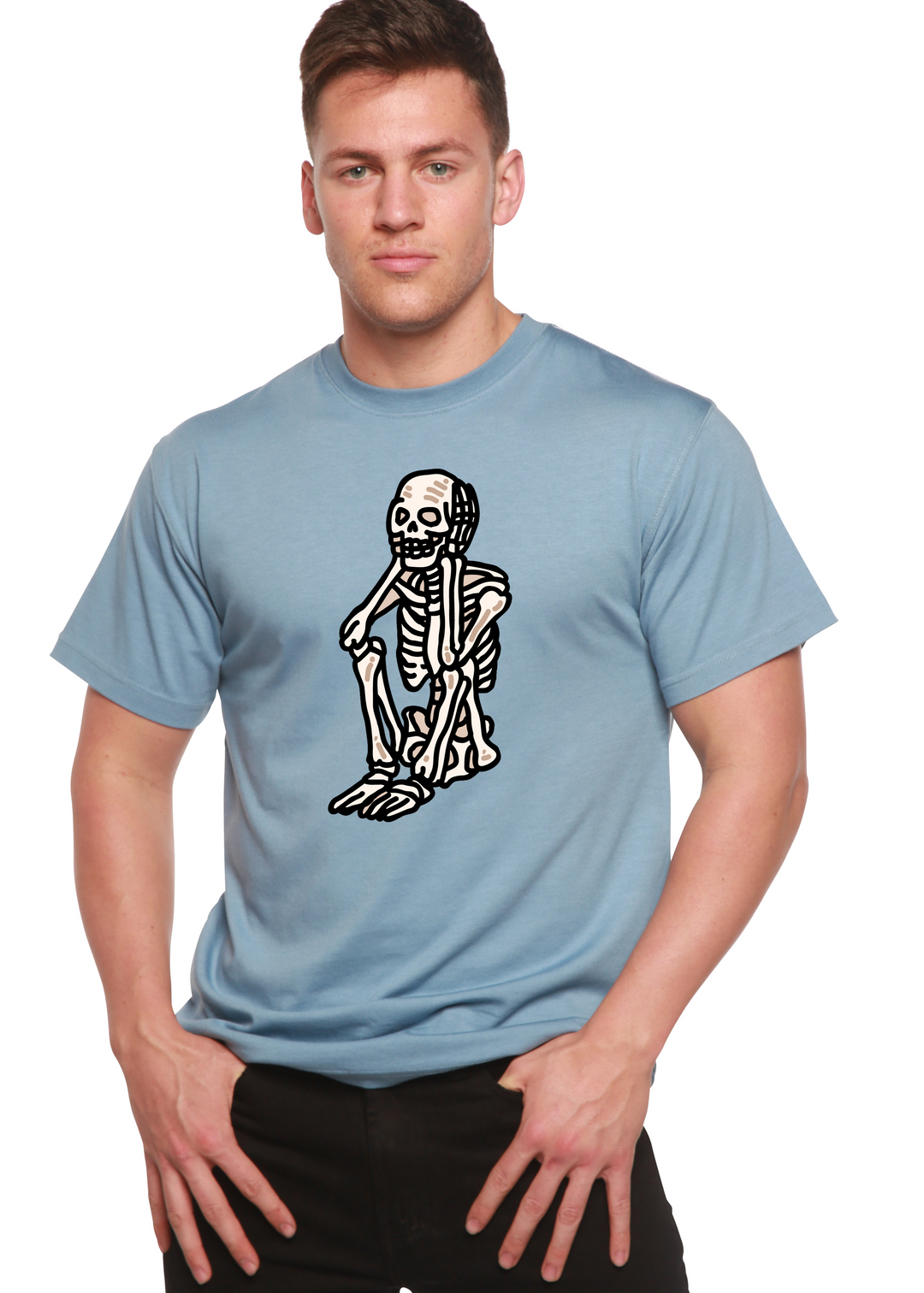 Sad Skeleton Halloween Unisex Graphic Bamboo T-Shirt infinity blue