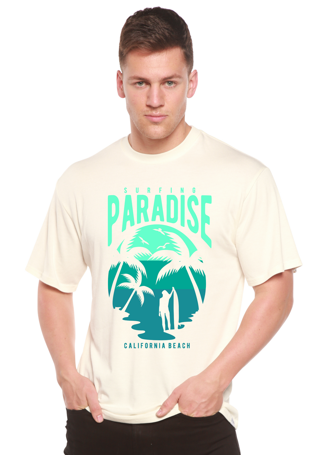 Surfing Paradise California men's bamboo tshirt white