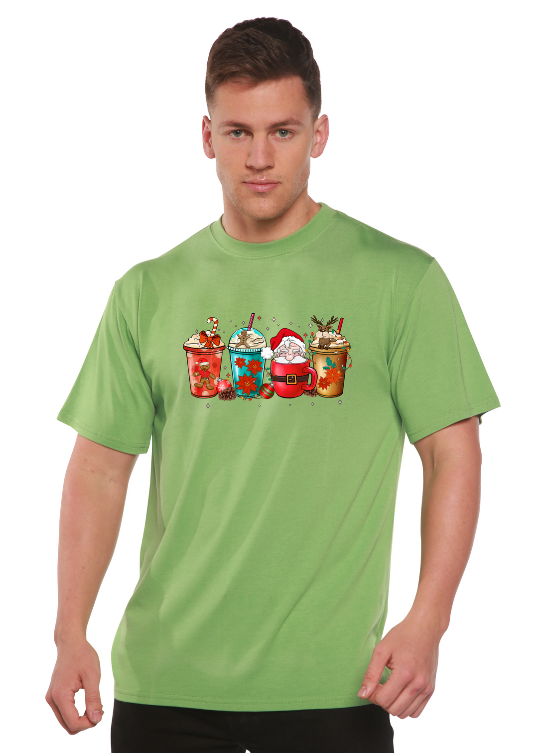 Merry & Bright Holiday Christmas Unisex Graphic Bamboo T-Shirt green tea