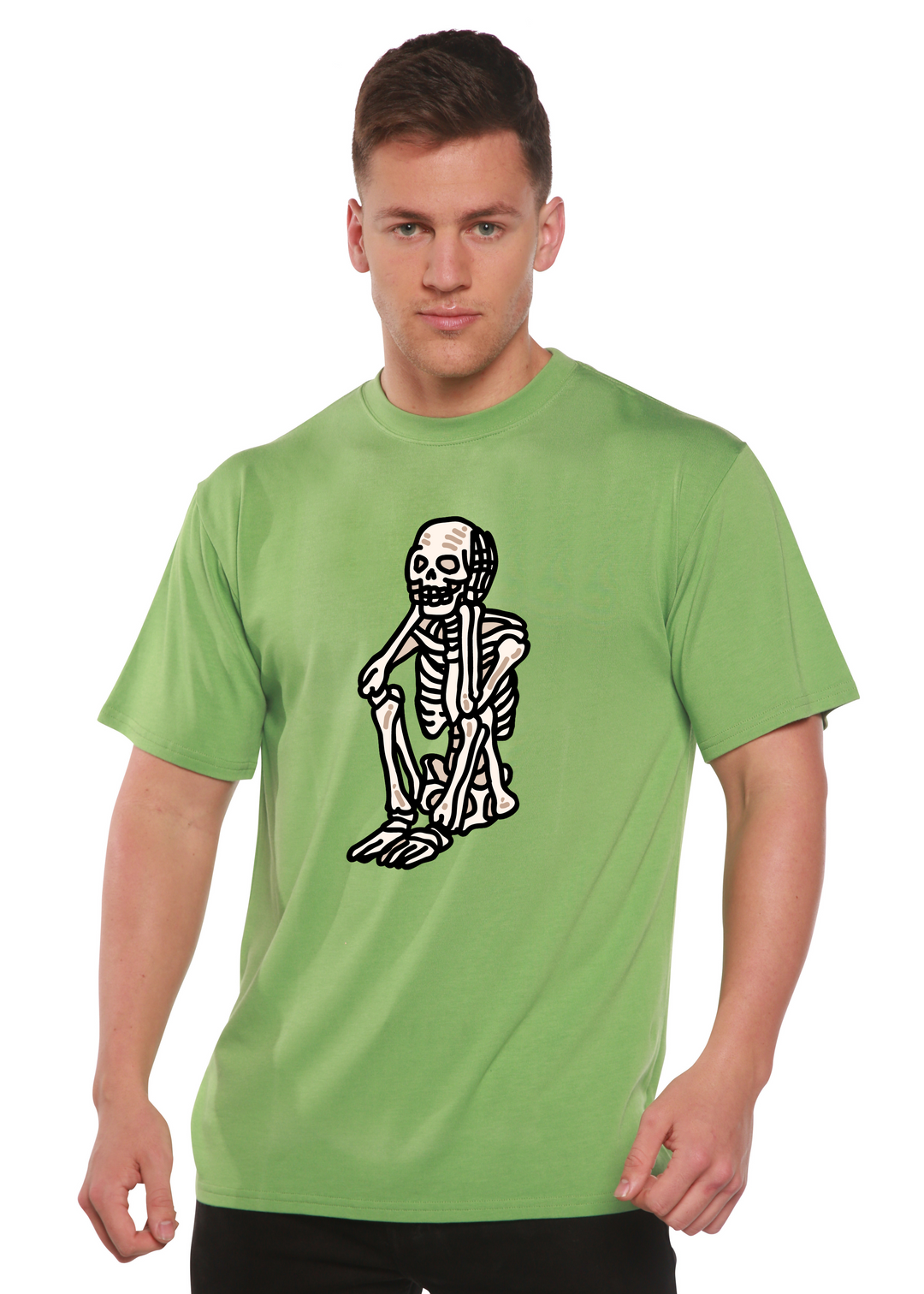 Sad Skeleton Halloween Unisex Graphic Bamboo T-Shirt green tea