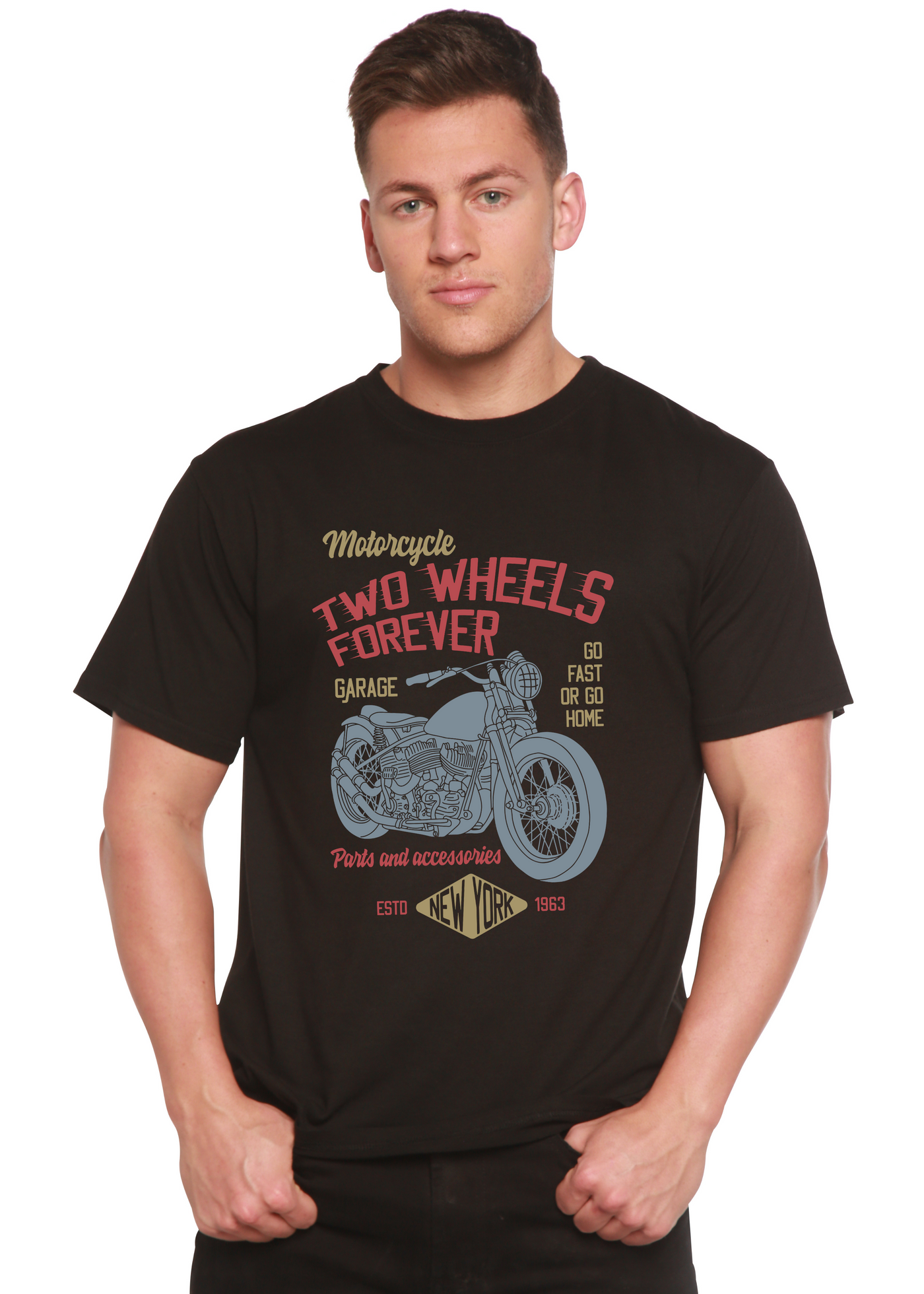 Two Wheels Forever men's bamboo tshirt black 