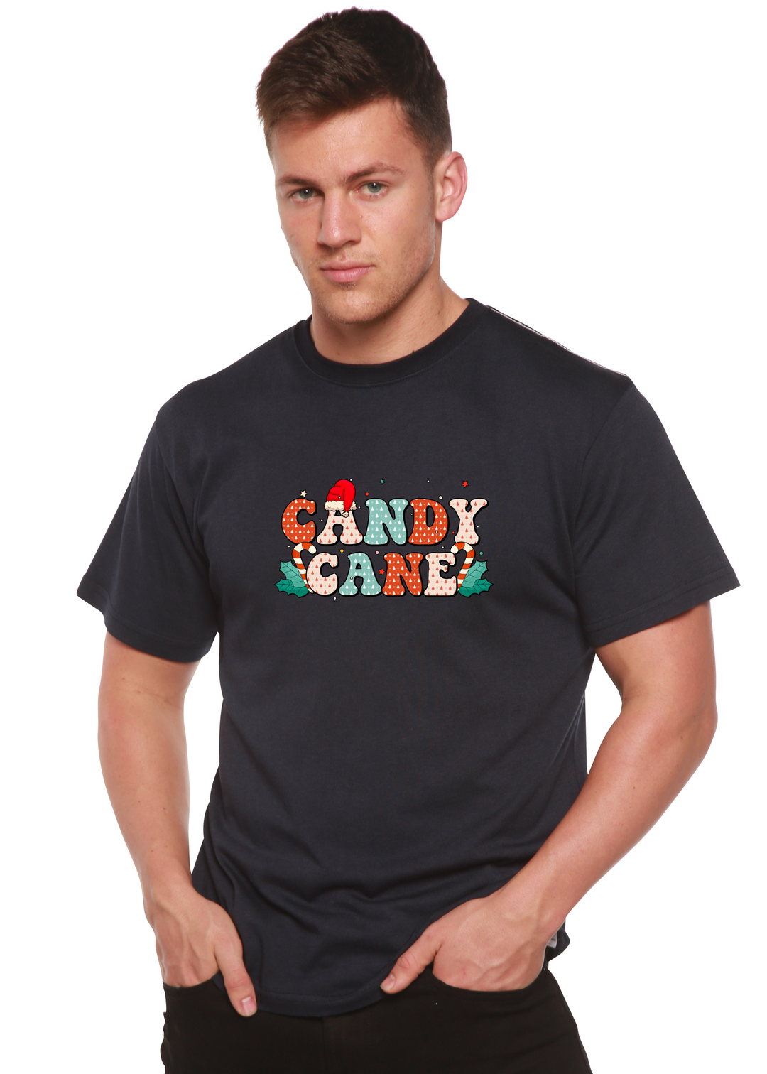 Candy Cane Christmas Unisex Graphic Bamboo T-Shirt navy blue