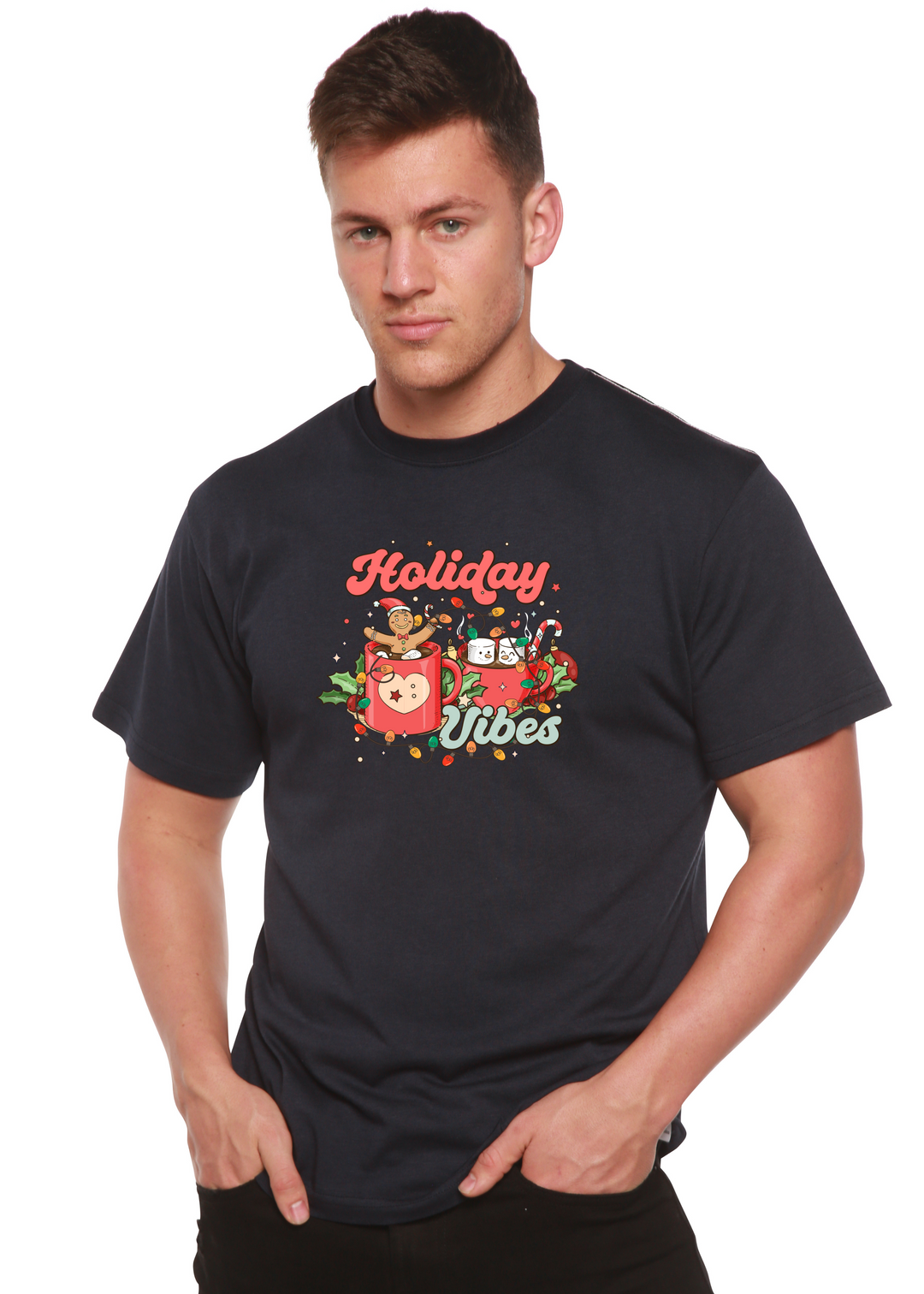 Holiday Vibes Christmas Unisex Graphic Bamboo T-Shirt navy blue
