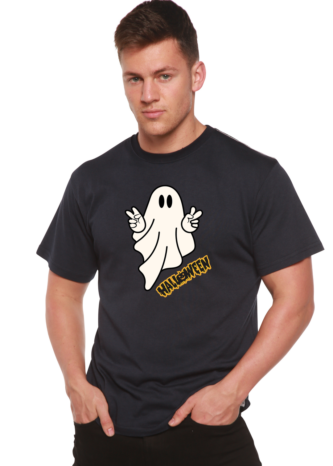 Halloween Ghost Unisex Graphic Bamboo T-Shirt navy blue