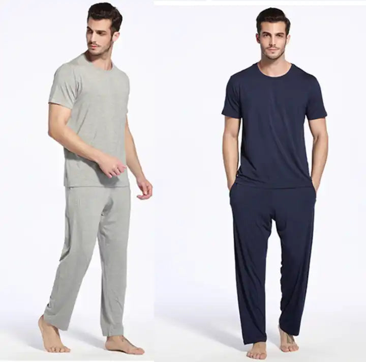 Men's Soft Bamboo Lounge Pajama Set - Short Sleeve Top & Pants 32" inseam