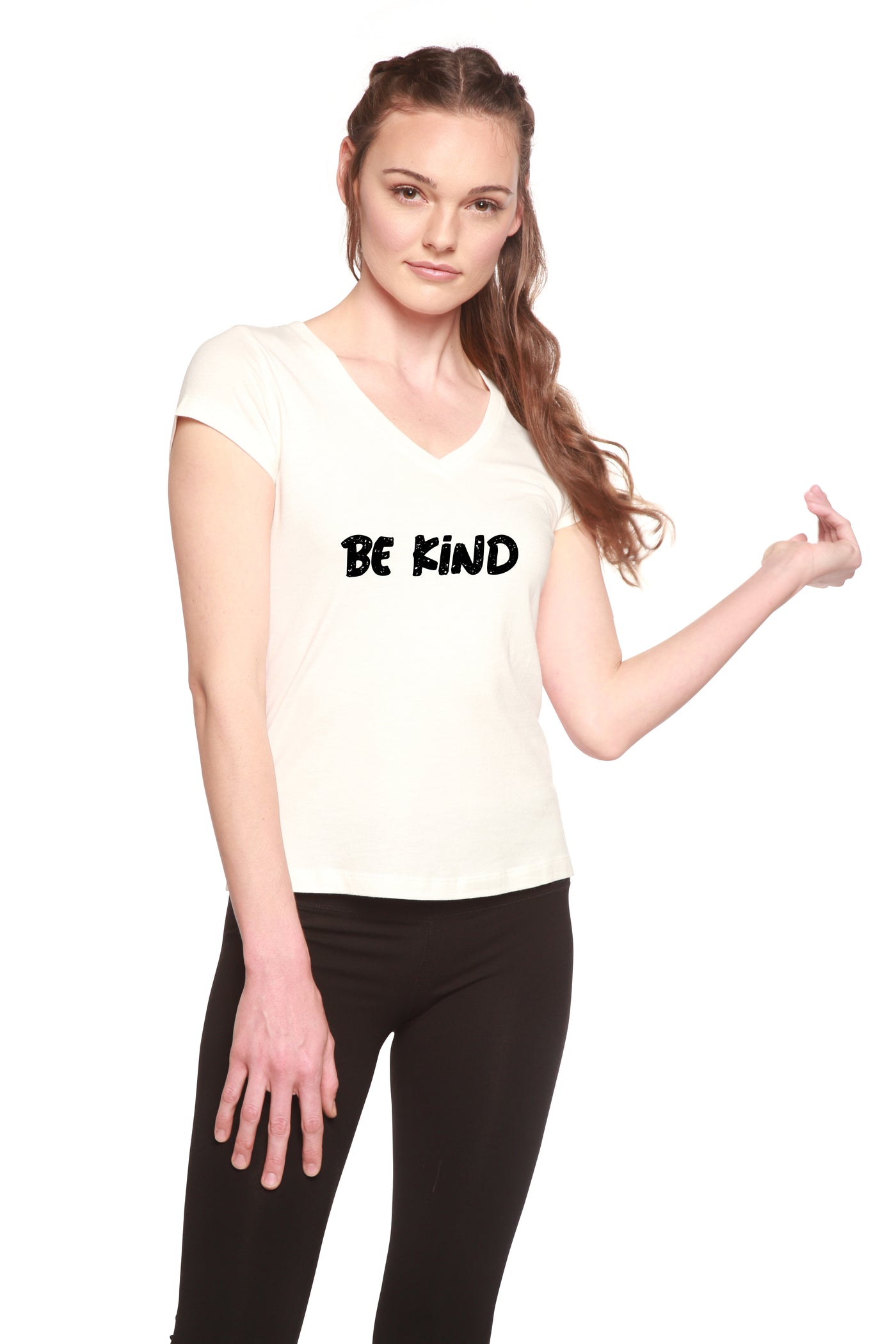 Be Kind Printed Women's Bamboo Viscose/Cotton V-Neck Cap Sleeve T-Shirt - Spun Bamboo