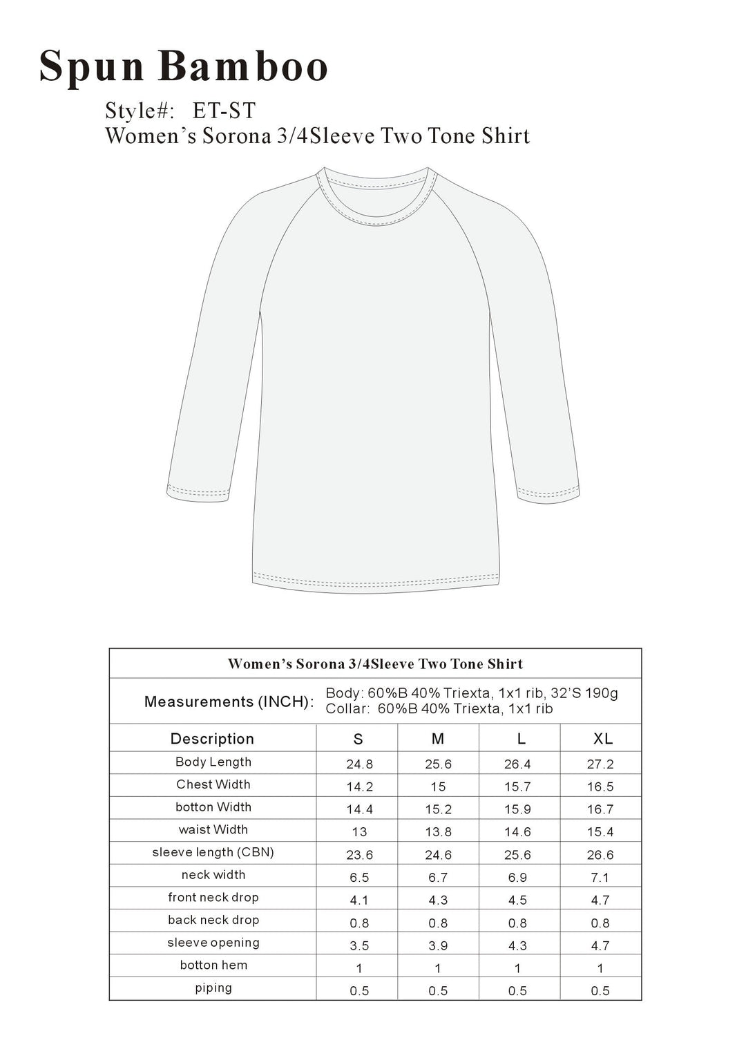 Clearance Women's Bamboo Viscose/Sorona 3/4 Sleeve T-Shirt - Spun Bamboo